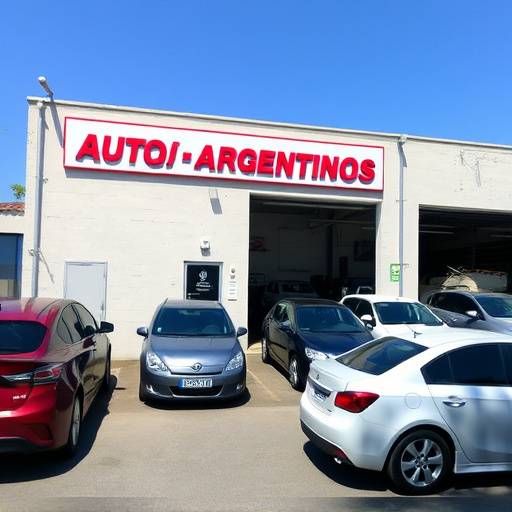 Vista exterior del taller AutosArgentinos con varios veh&iacute;culos estacionados en el frente.